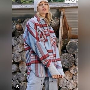 Free People We The Free Down For You Plaid Shirt Jacket XS Fuzzy Flannel cabin
